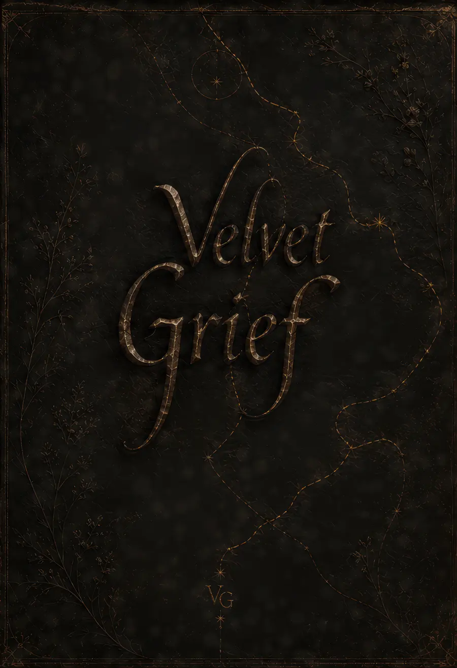The Velvet Grief book cover: an aged, gold-tooled grimoire in near-dark