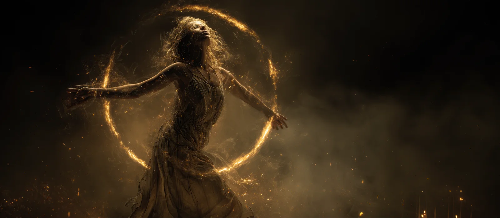 A woman dancing inside a golden ring of fire, warm gold on black