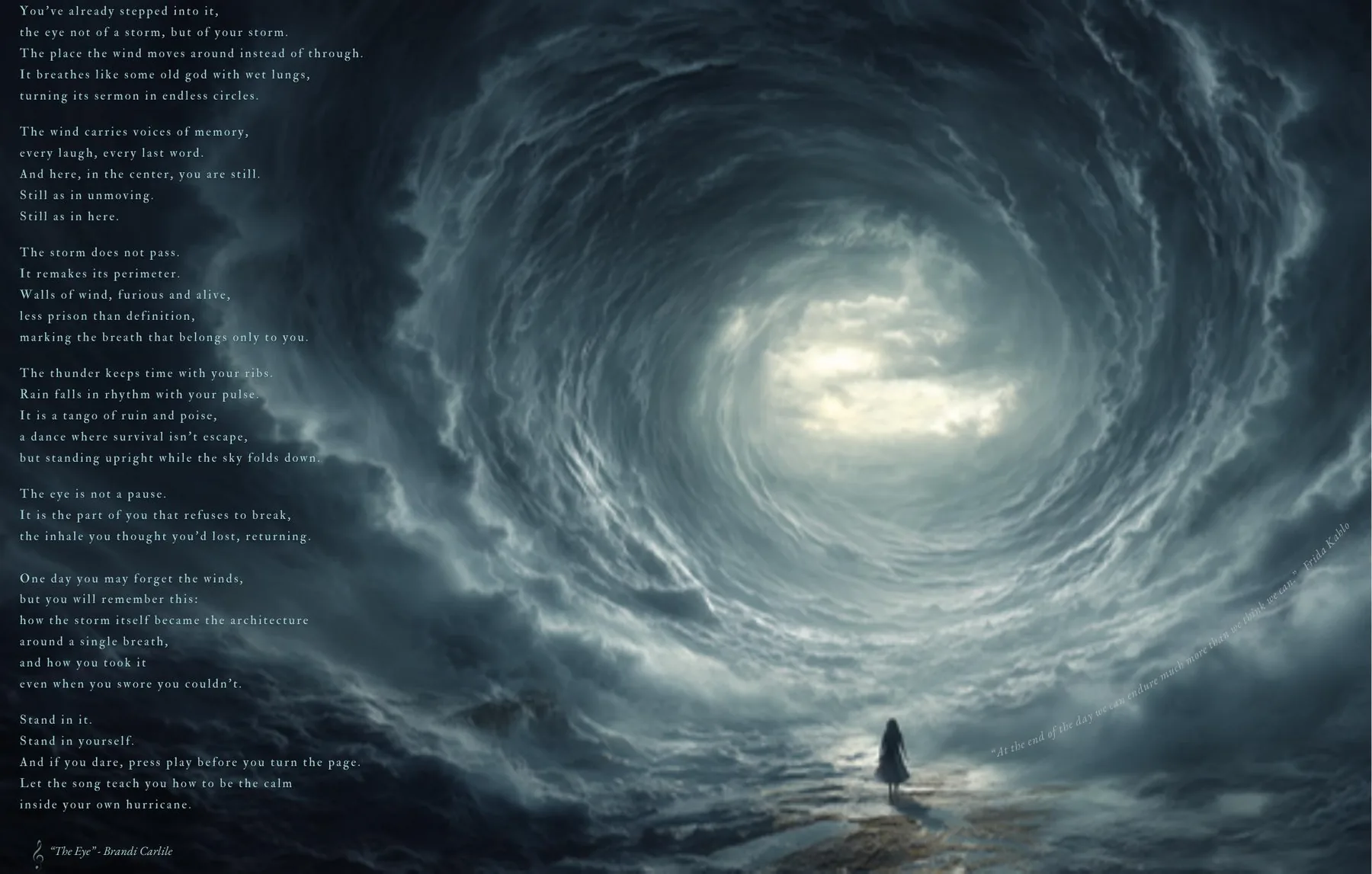 Book spread, The Eye: a lone figure standing in the calm center of an enormous storm vortex