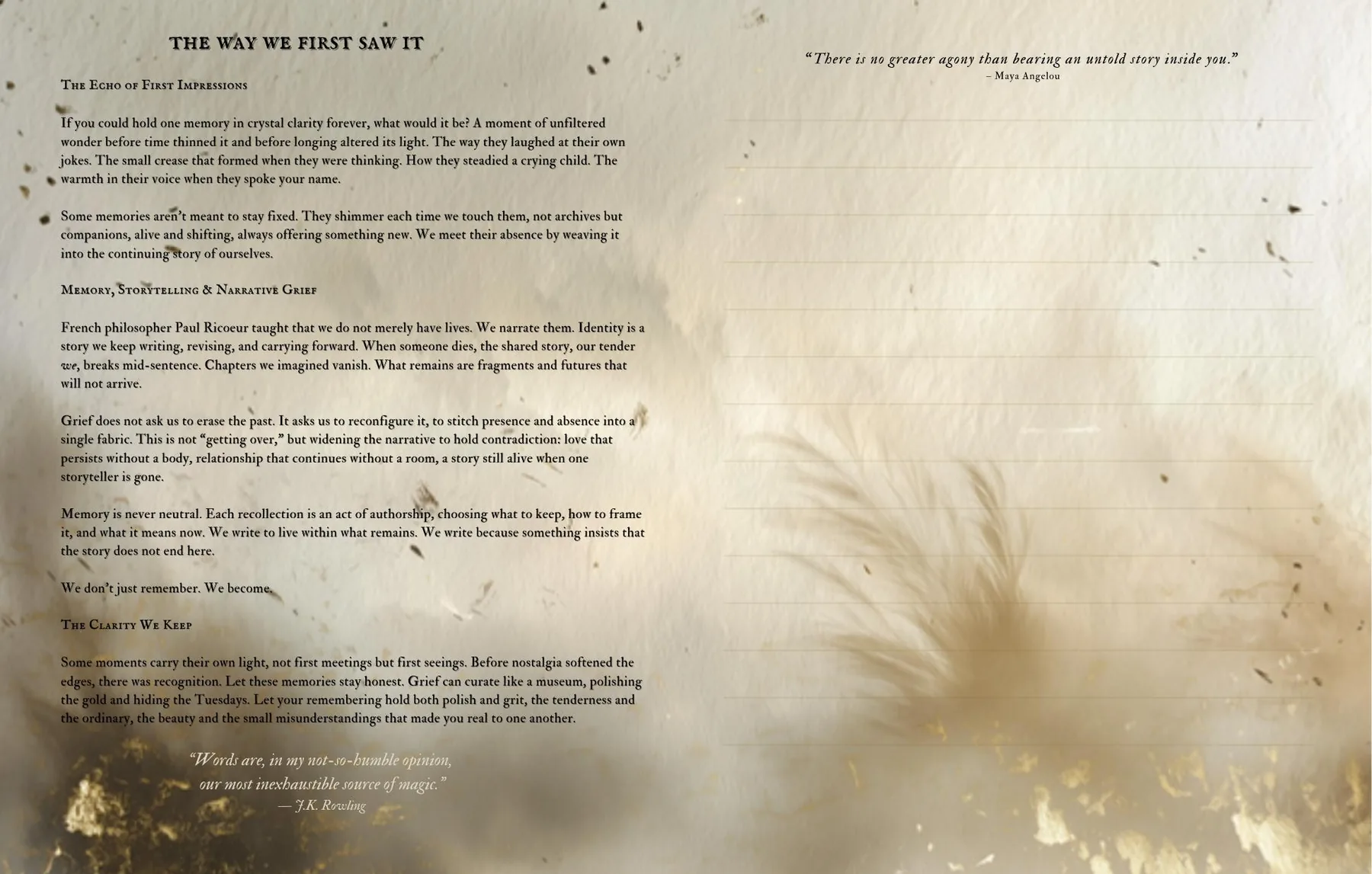 Book spread, The Way We First Saw It: an essay on memory and storytelling on soft gold-flecked paper