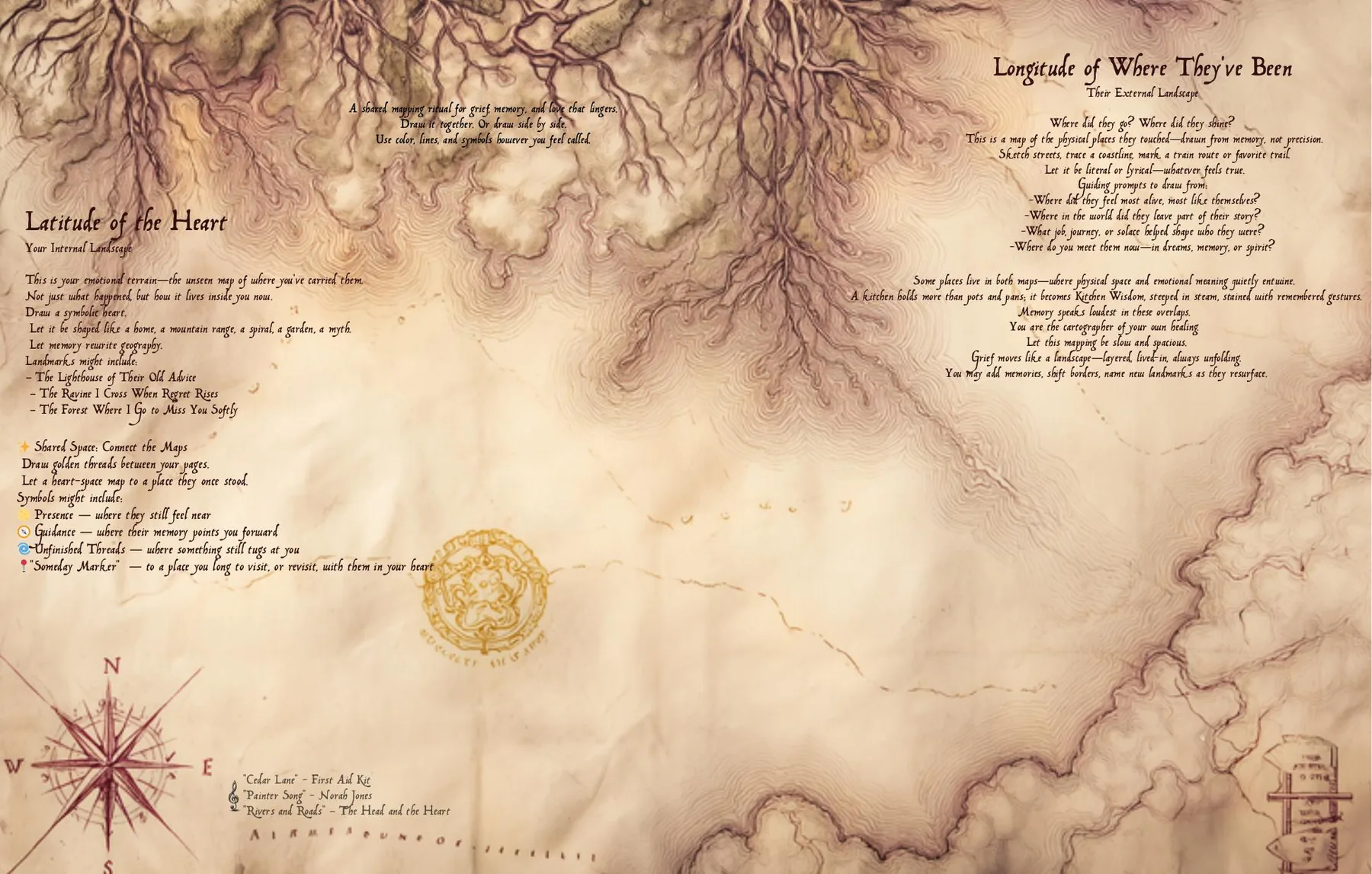 Book spread, an aged map: Latitude of the Heart and Longitude of Where They've Been, a shared mapping ritual