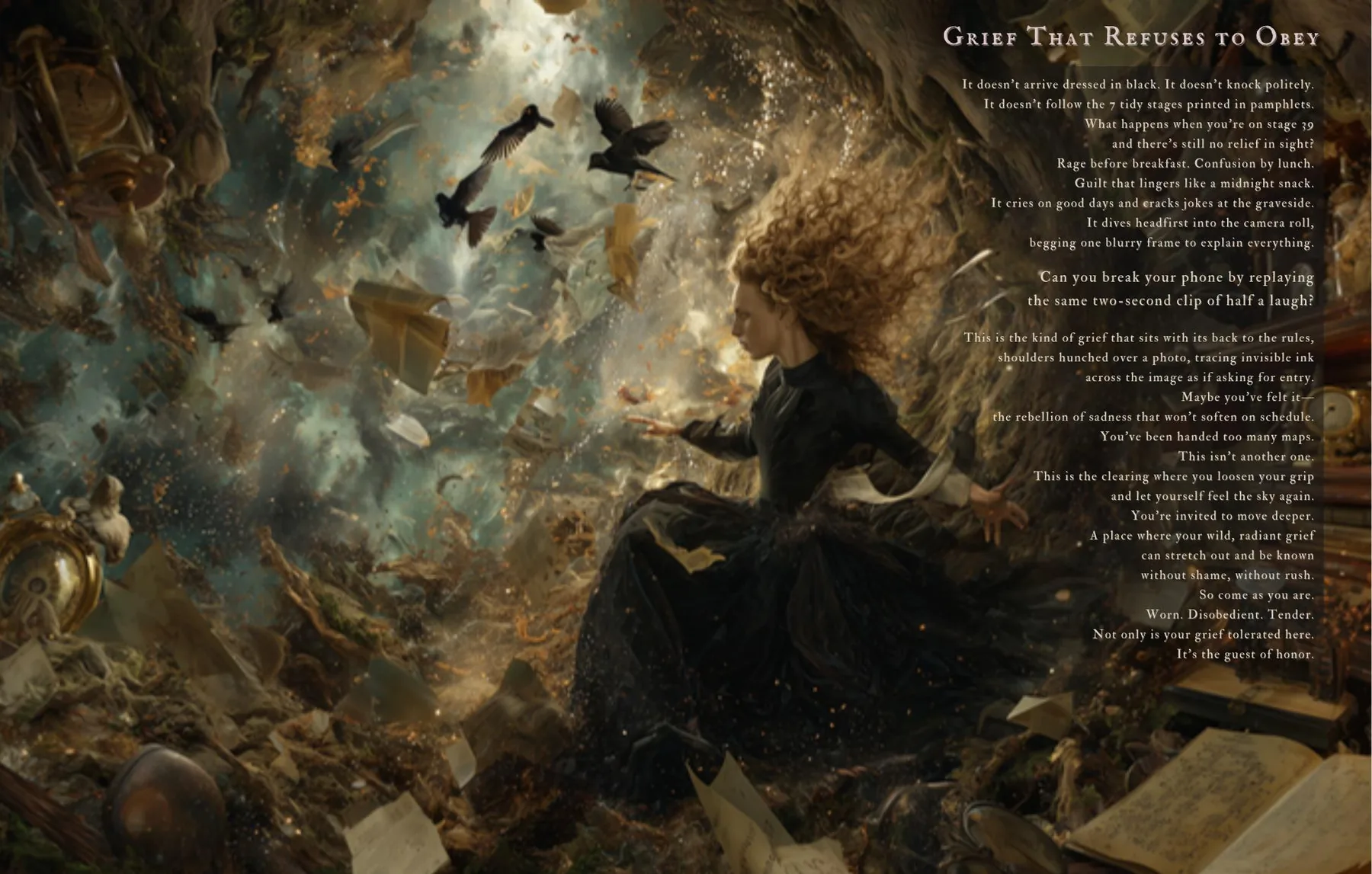 Book spread, Grief That Refuses to Obey: a woman in black among whirling papers, crows, and gold sparks
