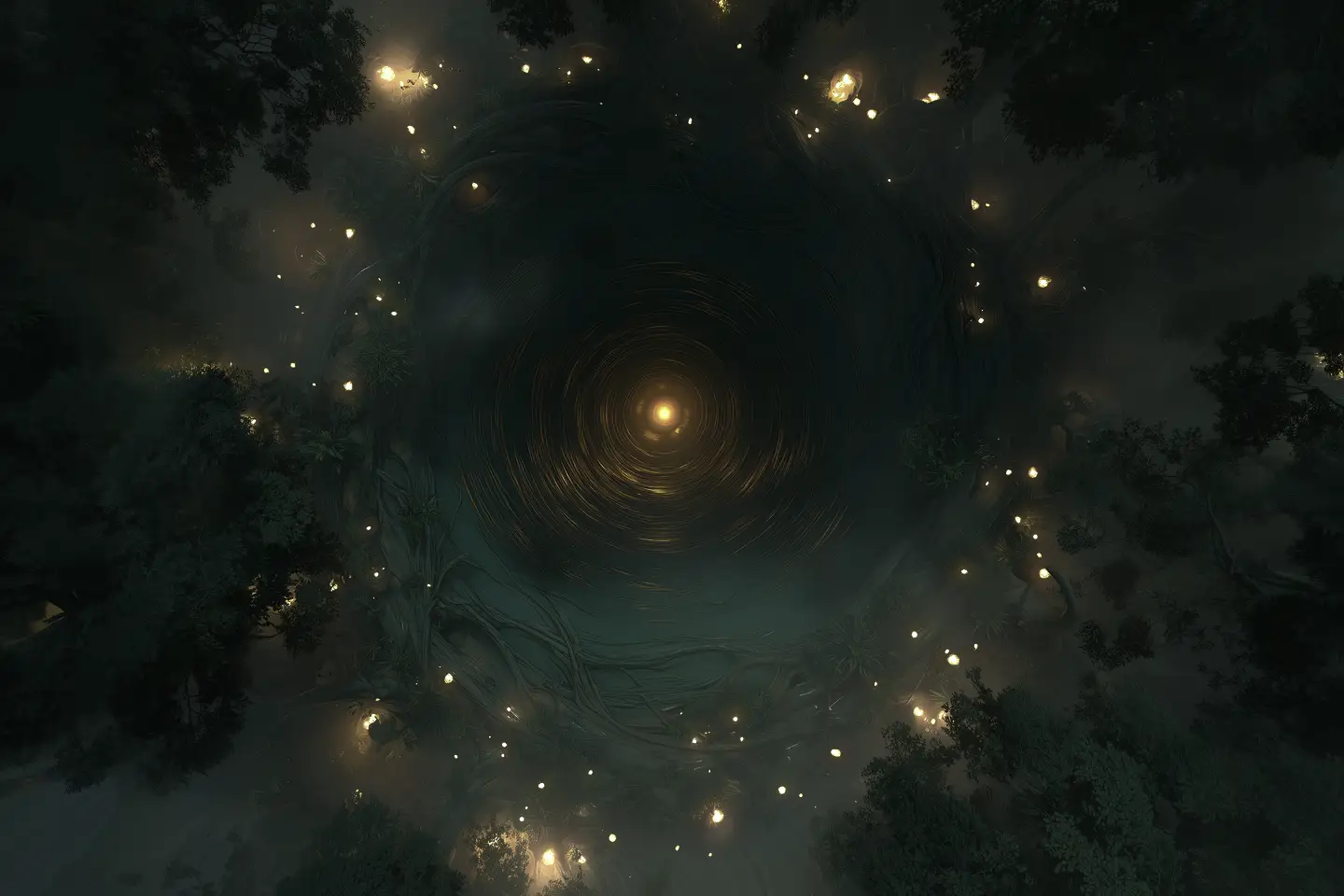 Illustrated spread: a spiral of small gold lights seen from above, like a galaxy of remembered names
